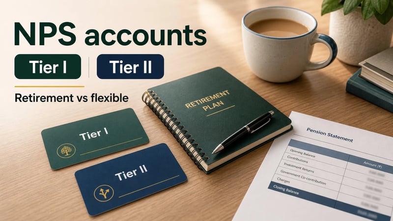 NPS Tier I and Tier II account cards on a retirement planning desk.