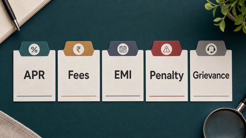 Checklist image showing APR, fees, EMI, penalty and grievance tabs for a personal loan Key Fact Statement.