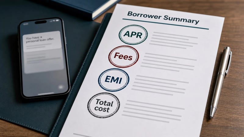 Personal loan borrower summary sheet showing APR, fees, EMI and total cost labels beside a phone offer.