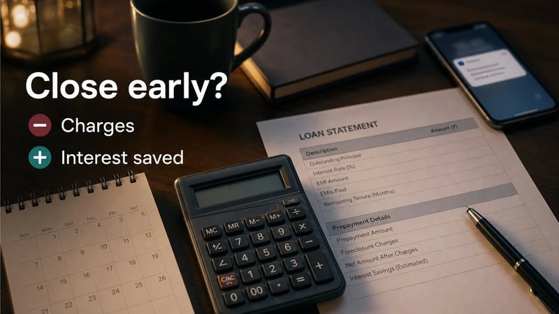 Loan statement, calculator and phone arranged for a personal loan prepayment charge check.