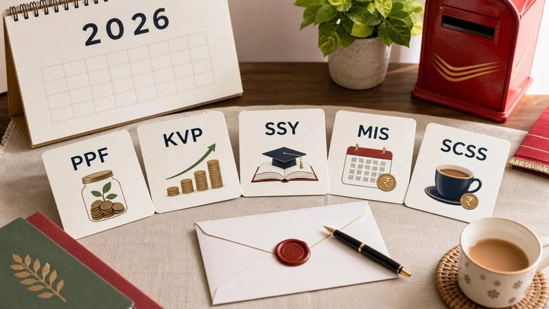 Editorial comparison image showing five post office scheme goal cards for PPF, KVP, SSY, MIS and SCSS.