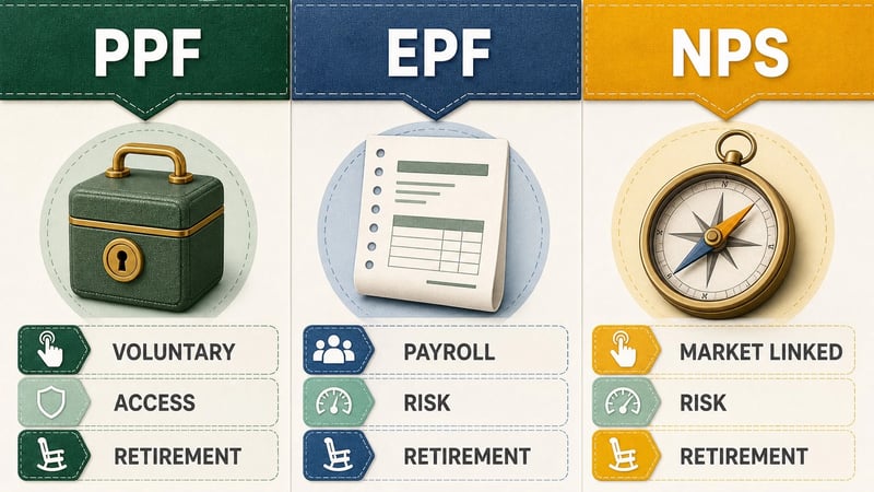Comparison map showing PPF, EPF and NPS as different retirement buckets.