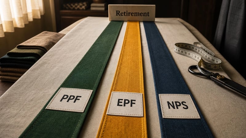 Three stitched retirement planning ribbons labelled PPF EPF and NPS on a measuring table.