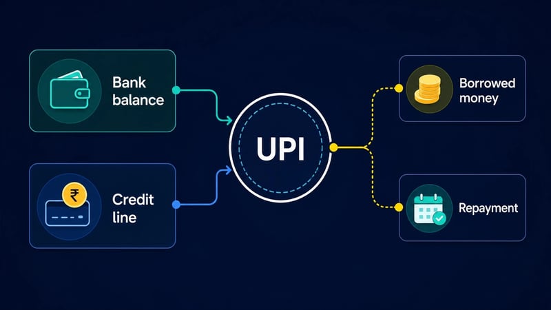 Diagram showing UPI as payment path with bank balance and credit line as different money sources.
