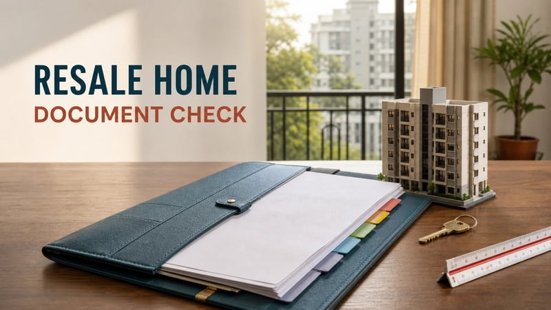 Editorial image of a resale-flat document file arranged beside house keys and a small apartment model.