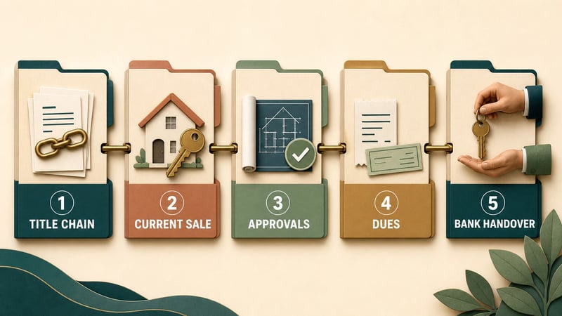 Five-folder map for title-chain, sale, approval, dues and bank-handover property documents.