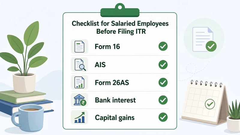 Checklist visual showing Form 16, AIS, Form 26AS, bank interest and capital gains checks before ITR filing.