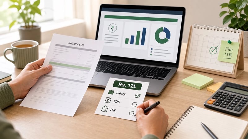 Illustration of a salaried employee checking salary, TDS and ITR filing notes on a laptop.