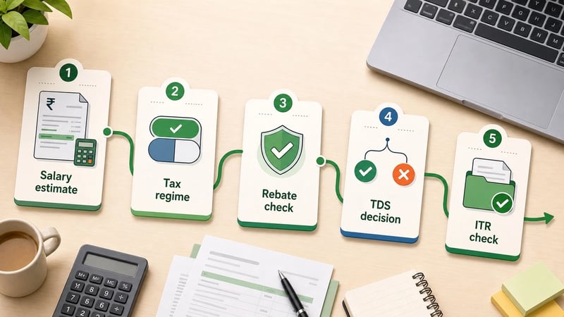 Flowchart showing how salary estimate, tax regime and rebate affect TDS and ITR filing.
