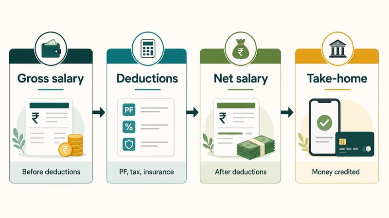 Flow showing gross salary, deductions, net salary and take-home pay on a salary slip.