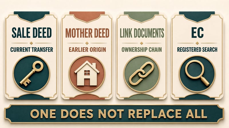 Comparison of the current transfer, earlier origin, ownership chain and registered search roles of four property records.