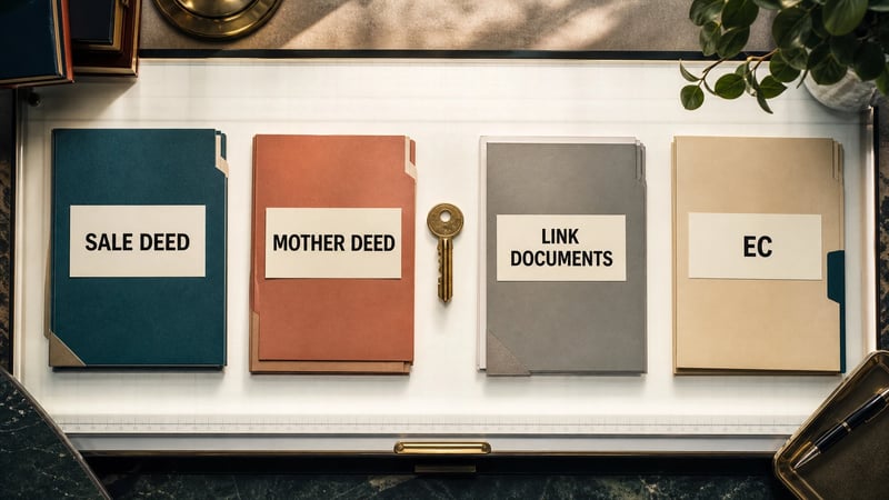 Editorial image comparing a sale deed, mother deed, link-document chain and encumbrance search on a property-review light table.