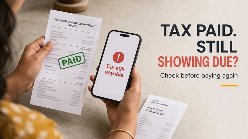 Tax payment receipt and phone alert beside an ITR screen that still shows tax payable.