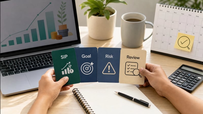 Photo-style illustration of a beginner reviewing SIP, goal and risk cards before investing.
