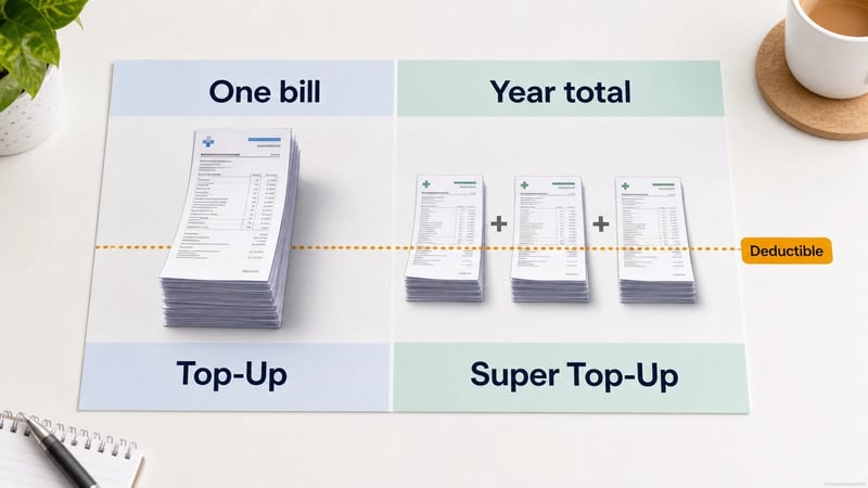 Comparison image showing one bill for top-up and yearly total bills for super top-up above a deductible line.