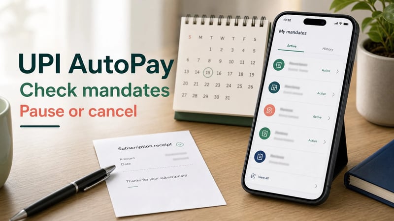 Phone showing UPI AutoPay mandates beside a calendar and payment note.