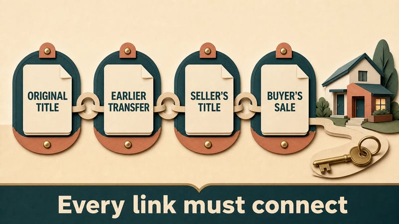 Diagram showing an original title, earlier transfer, seller's title and buyer's sale connected as a property title chain.