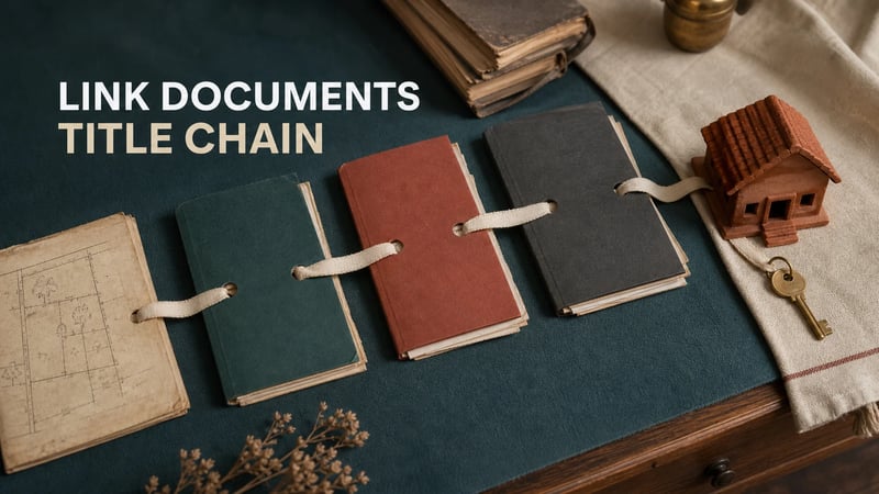 Editorial image of property-document folders connected in a chain beside an Indian home model.