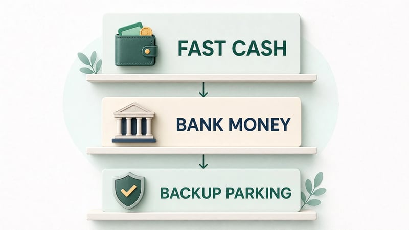 Emergency fund decision map showing fast cash, bank money and backup parking layers.