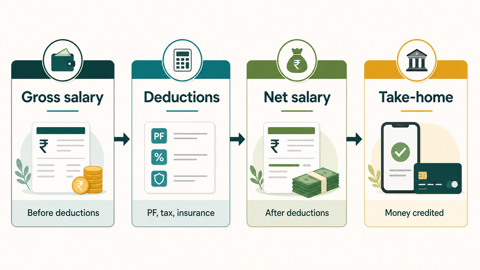 Flow showing gross salary, deductions, net salary and take-home pay on a salary slip.
