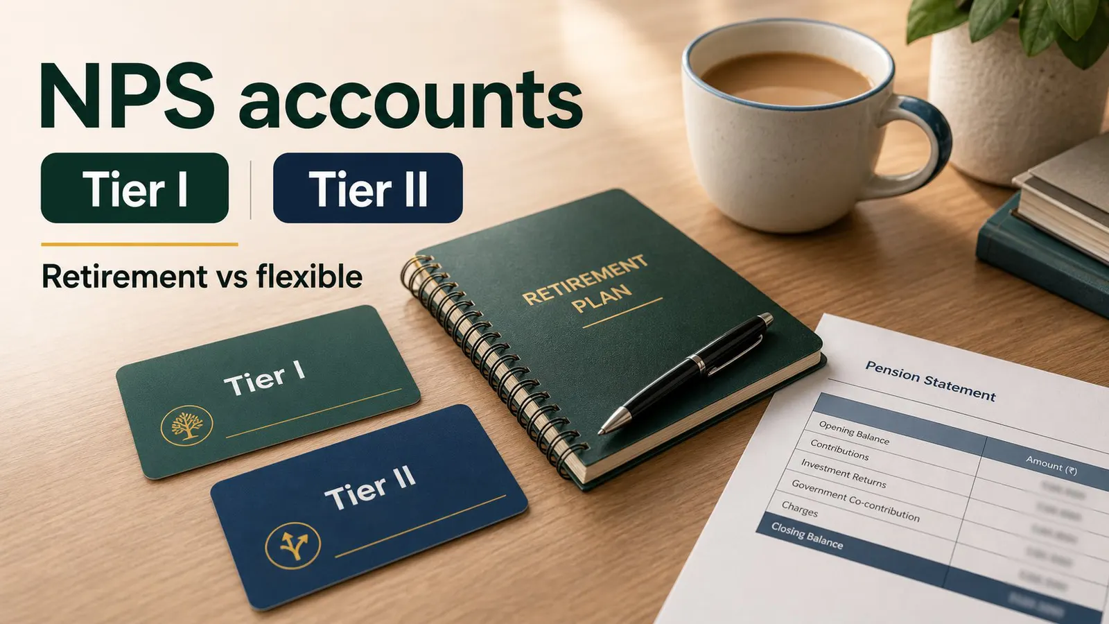 NPS Tier I and Tier II account cards on a retirement planning desk.