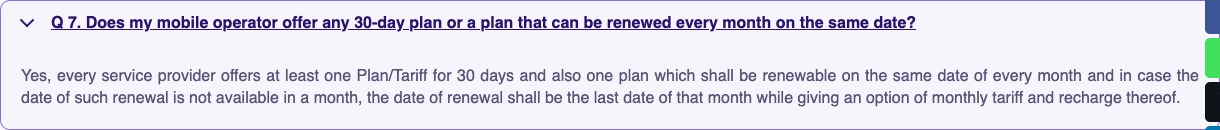 TRAI FAQ stating that each provider offers a 30-day plan and a same-date monthly renewal plan.