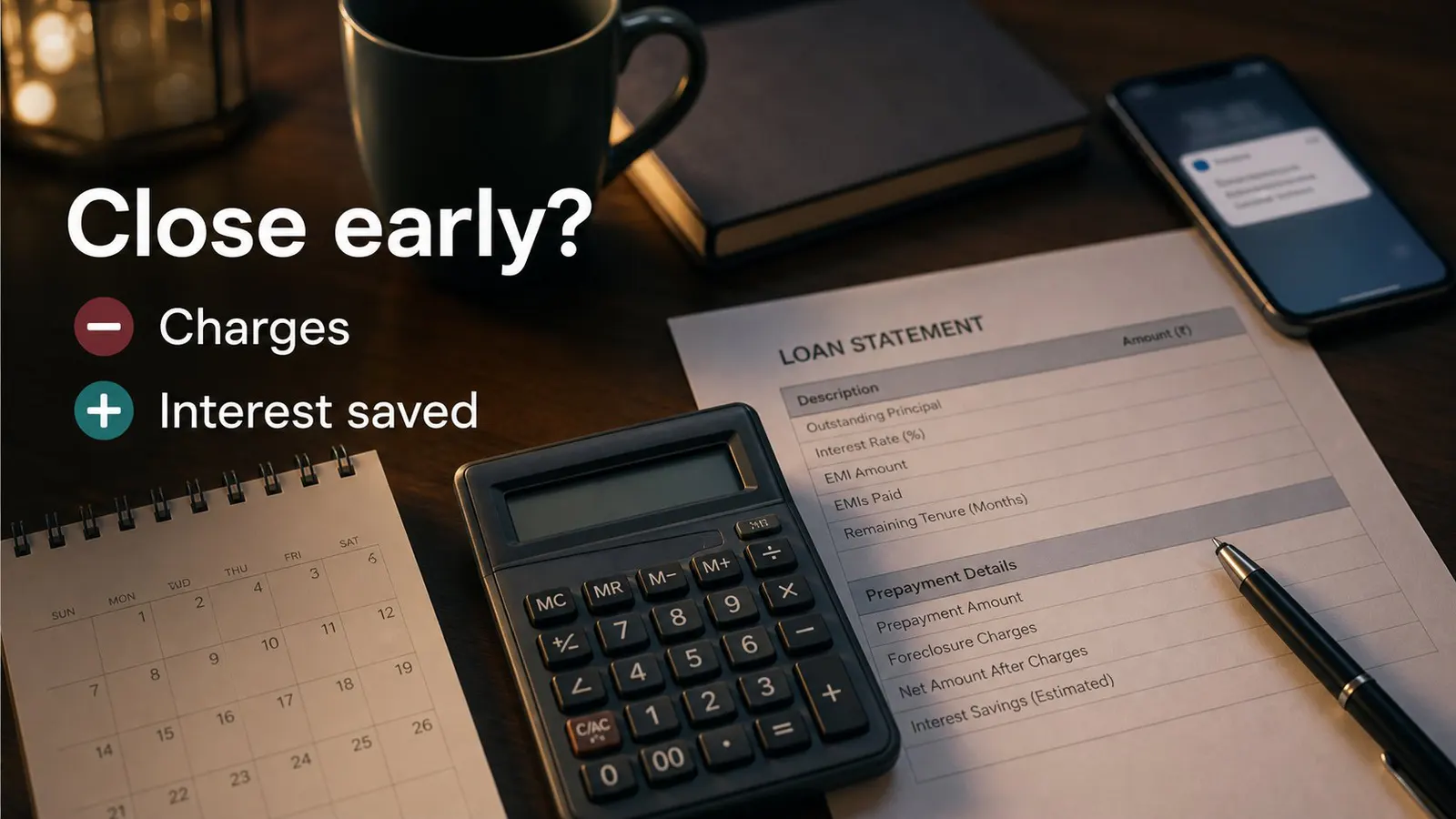 Loan statement, calculator and phone arranged for a personal loan prepayment charge check.