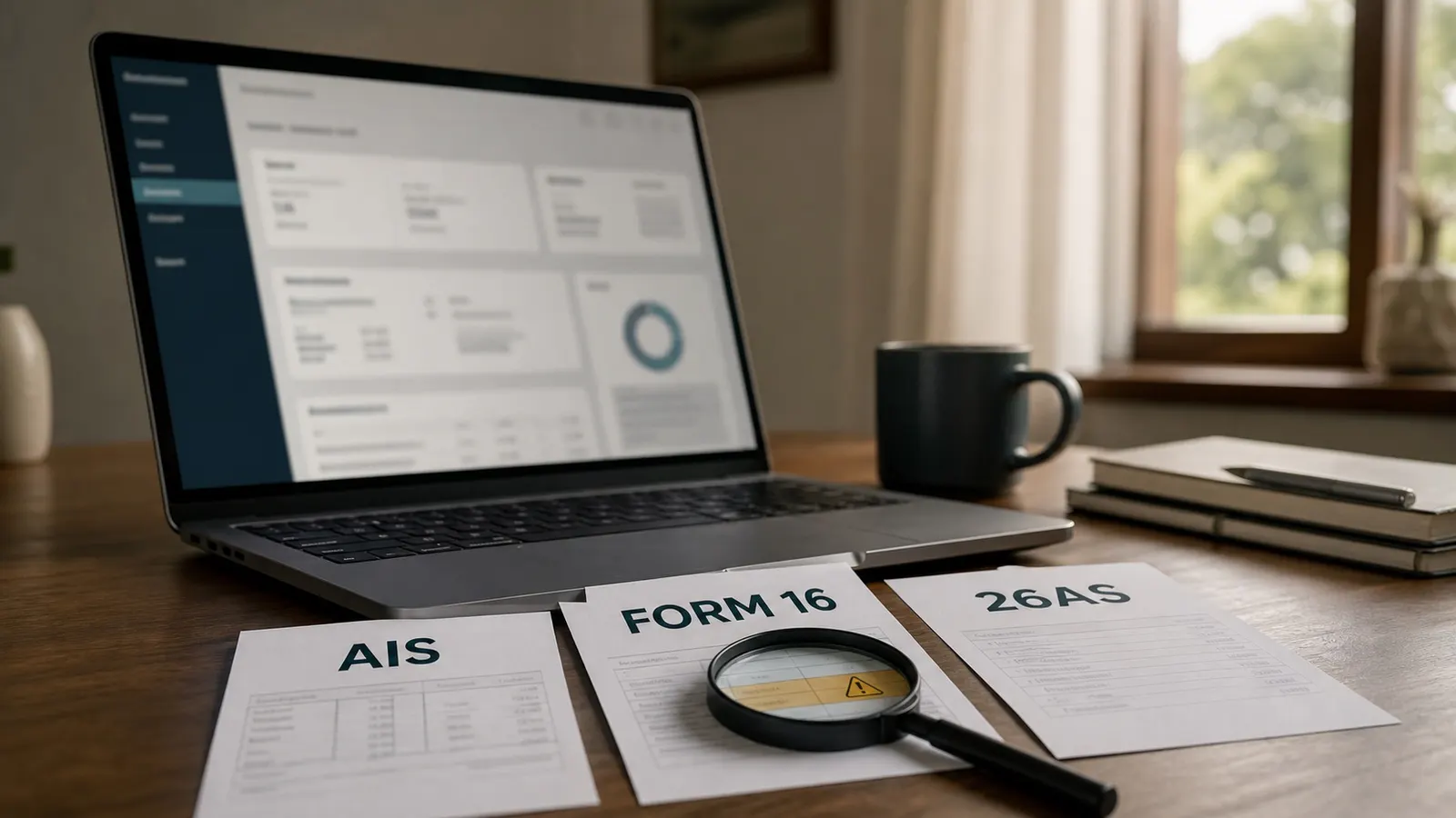 AIS, Form 16 and Form 26AS papers on a desk with a magnifying glass marking a mismatch before ITR filing.