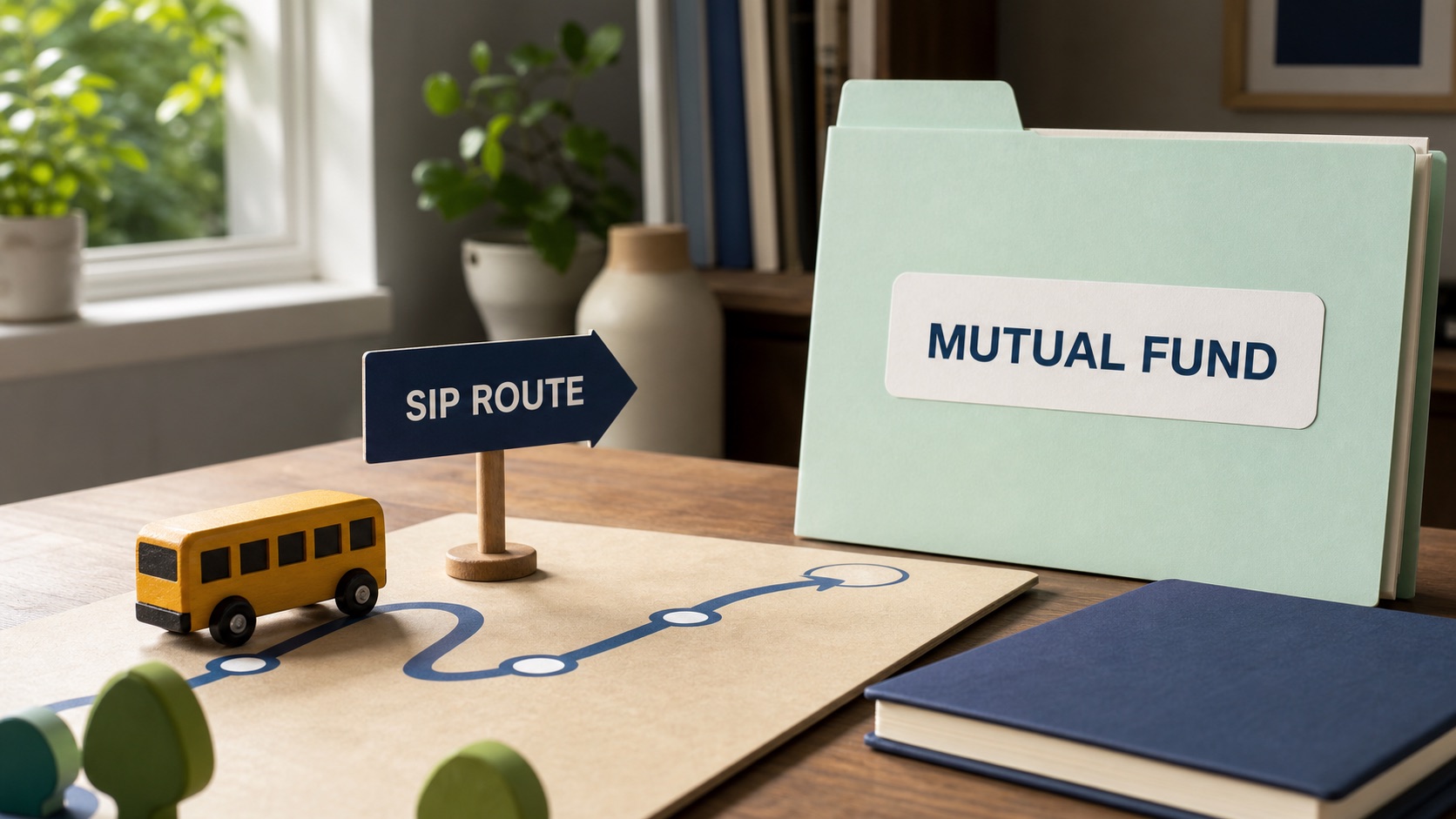 Toy route sign labelled SIP route pointing toward a mutual fund folder.