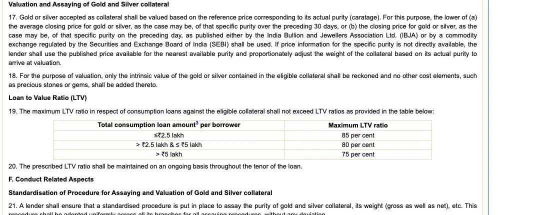 Official RBI gold loan rule screenshot showing valuation wording and the LTV ratio table captured on 26 June 2026.