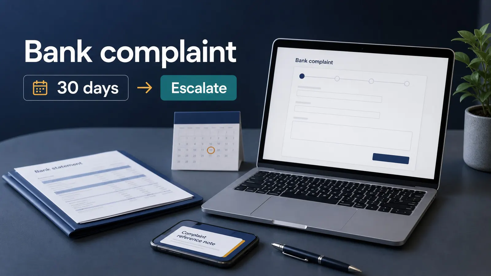 Laptop complaint form visual with bank complaint, 30 days and escalate cues for RBI CMS guidance.