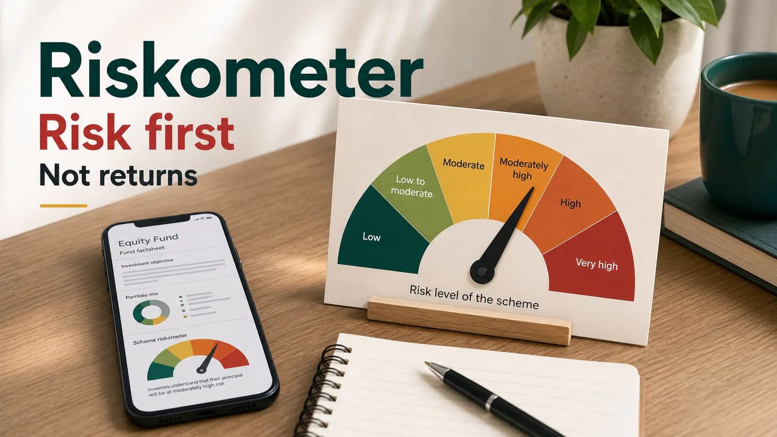 Mutual fund riskometer card on a desk with a phone showing fund details.