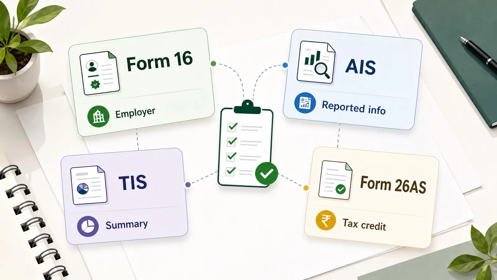 Diagram comparing Form 16, AIS, TIS and Form 26AS for ITR filing.