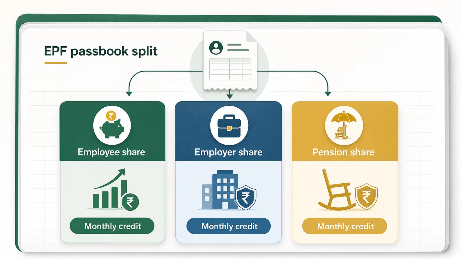 Infographic explaining employee share, employer share and pension share in an EPF passbook.