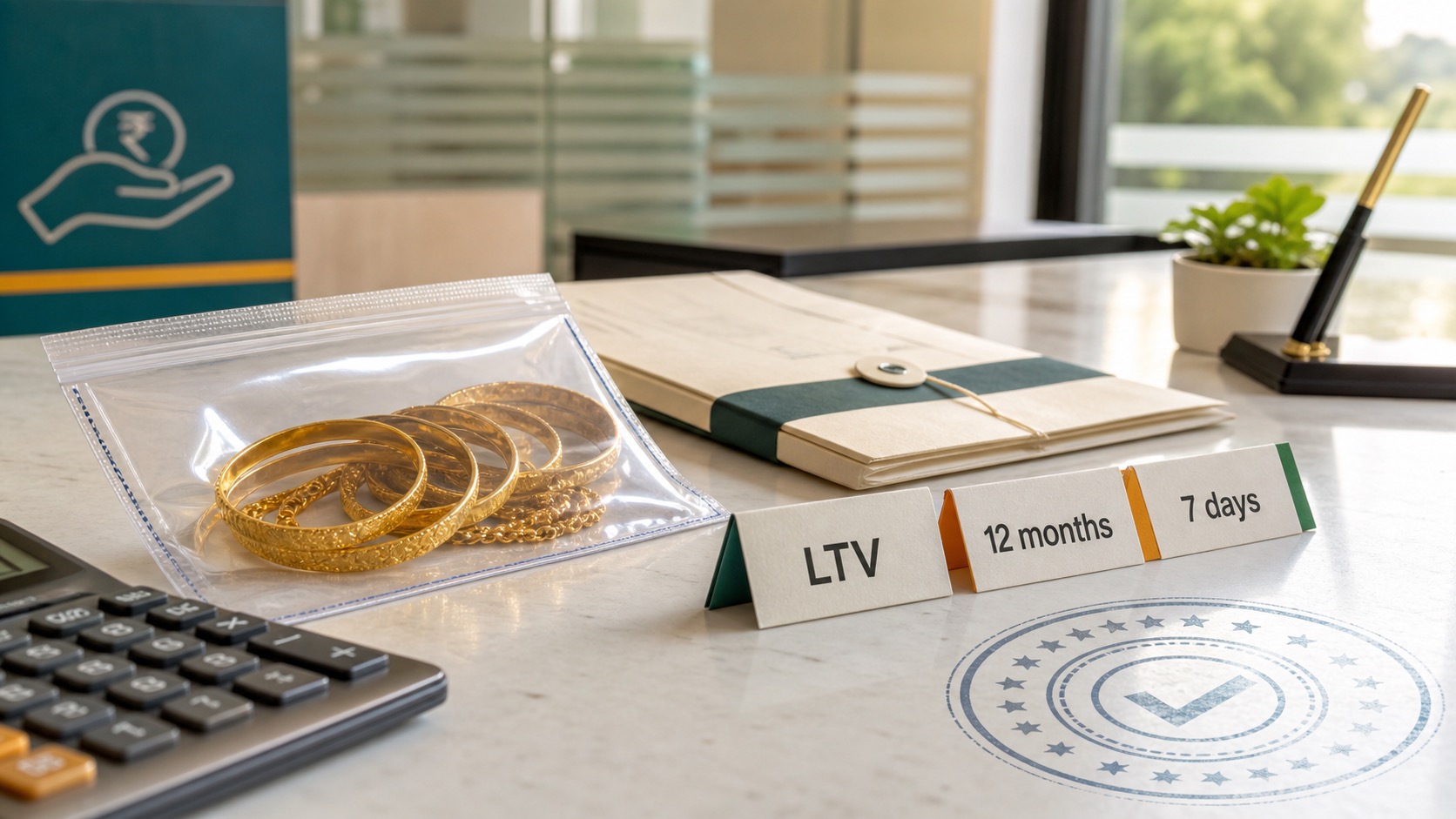 Gold ornaments sealed in a pledge pouch on a bank counter with LTV, 12 months and 7 days rule cards.