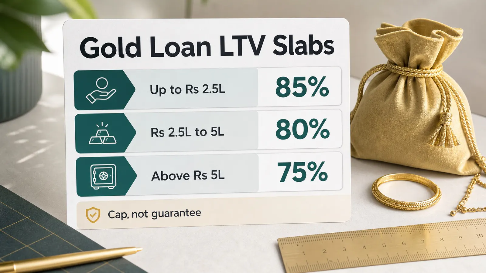 Gold loan LTV slab infographic showing 85%, 80% and 75% caps.