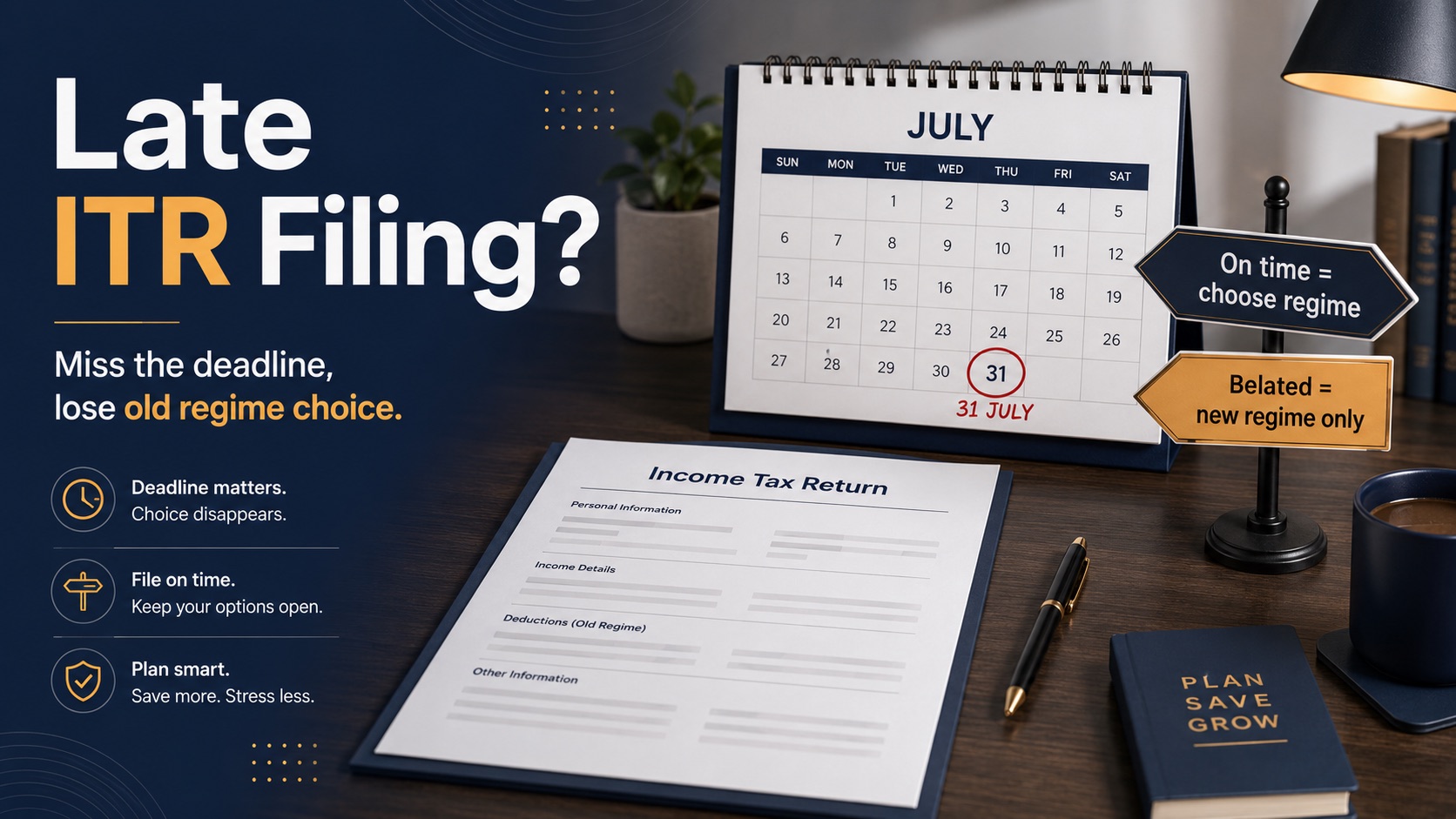 Calendar and tax-return visual showing 31 July on-time filing keeps regime choice while a belated return locks into the new regime.