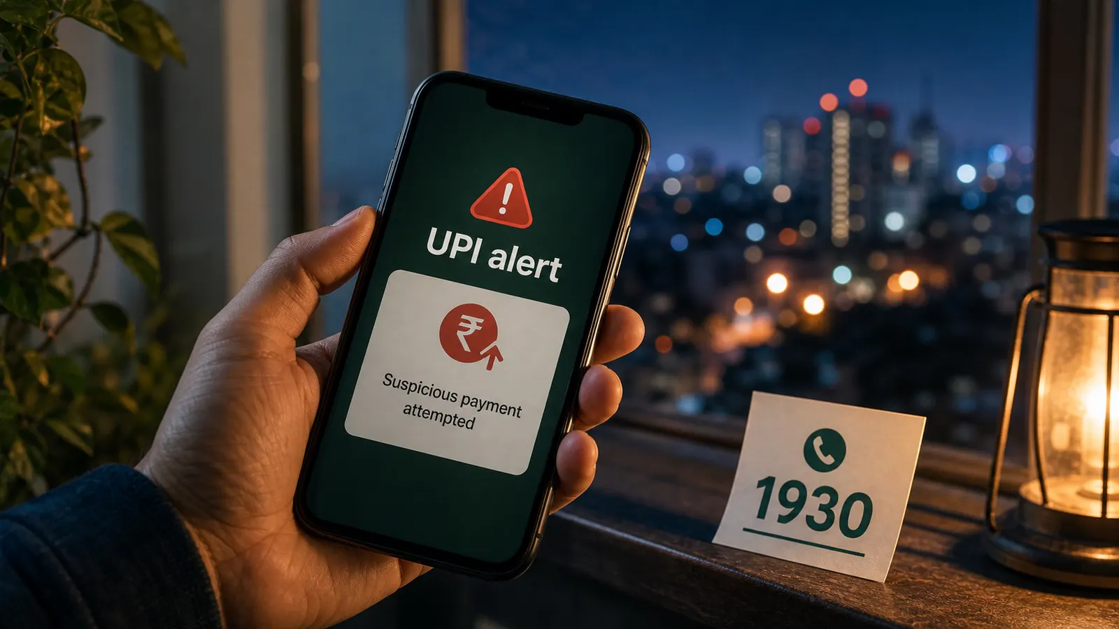 Photo-style illustration of a person documenting a suspicious UPI payment alert and emergency complaint steps.