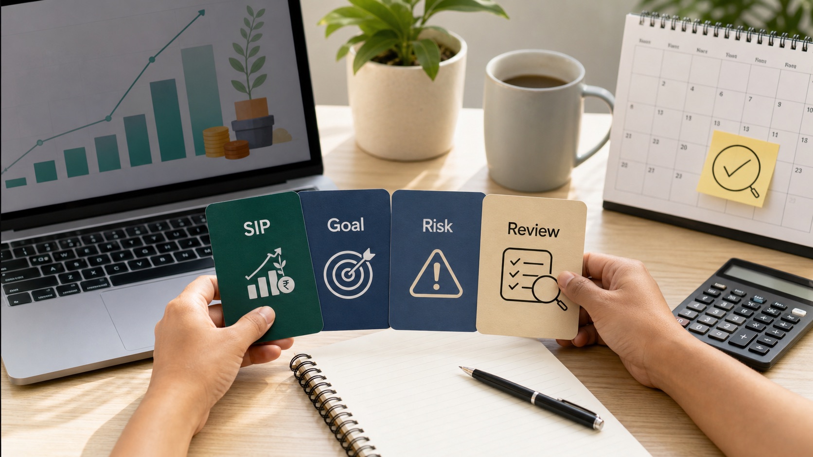 Photo-style illustration of a beginner reviewing SIP, goal and risk cards before investing.