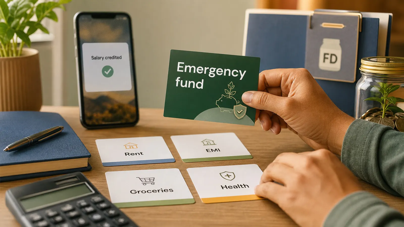 Photo-style illustration of a salaried person planning an emergency fund with monthly expense cards on a desk.