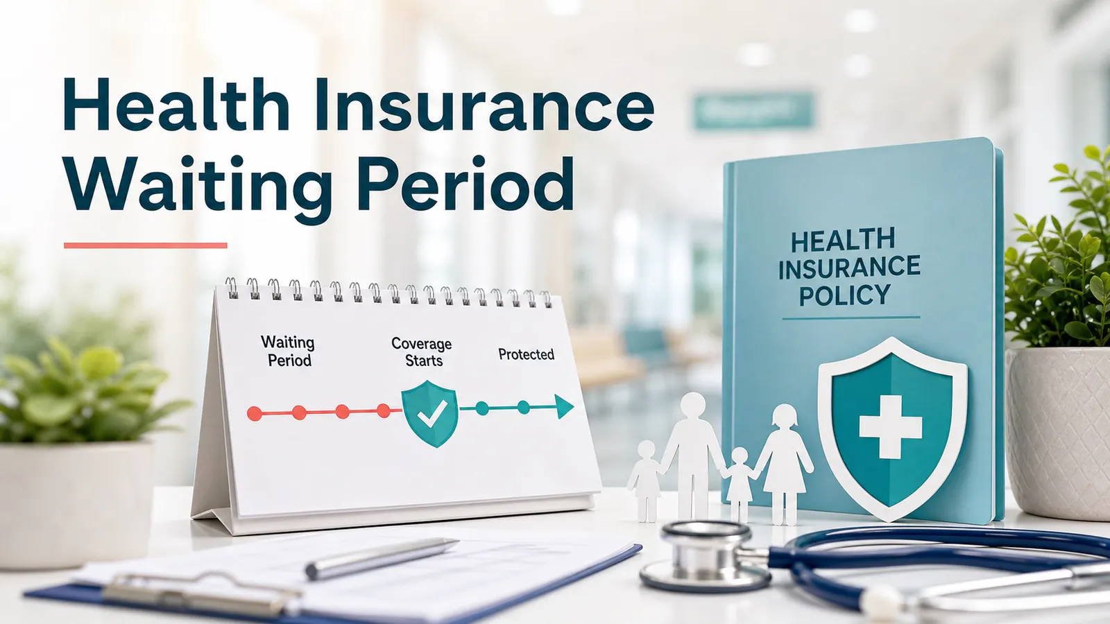 Editorial image of a health insurance policy timeline with a calendar, shield and hospital check symbols.