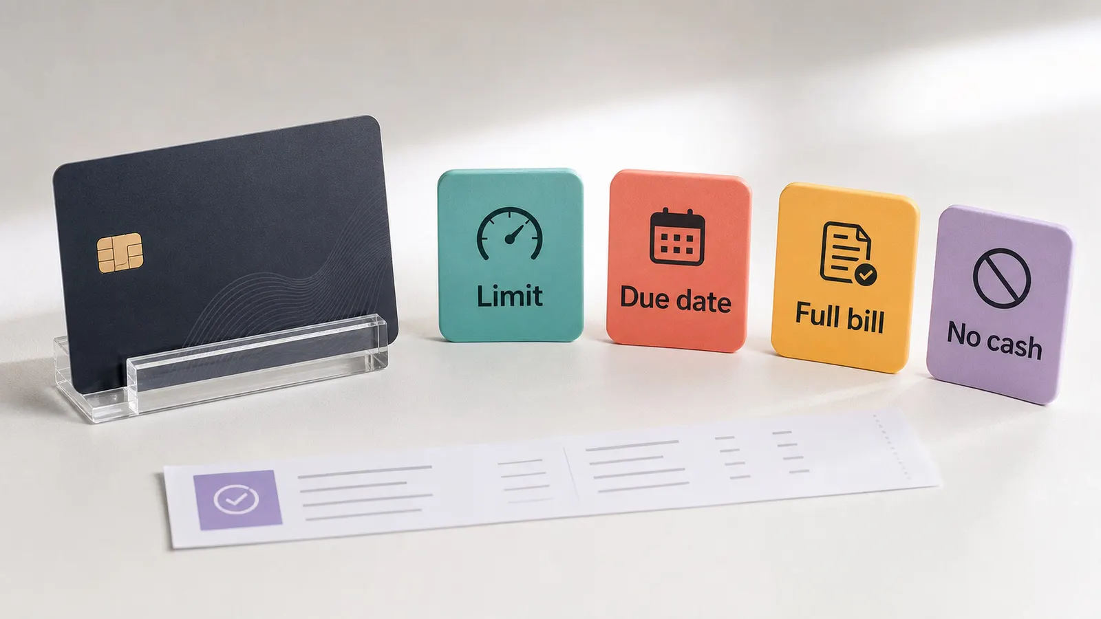 First credit card starter scene with a bill calendar, limit meter and payment reminder blocks.