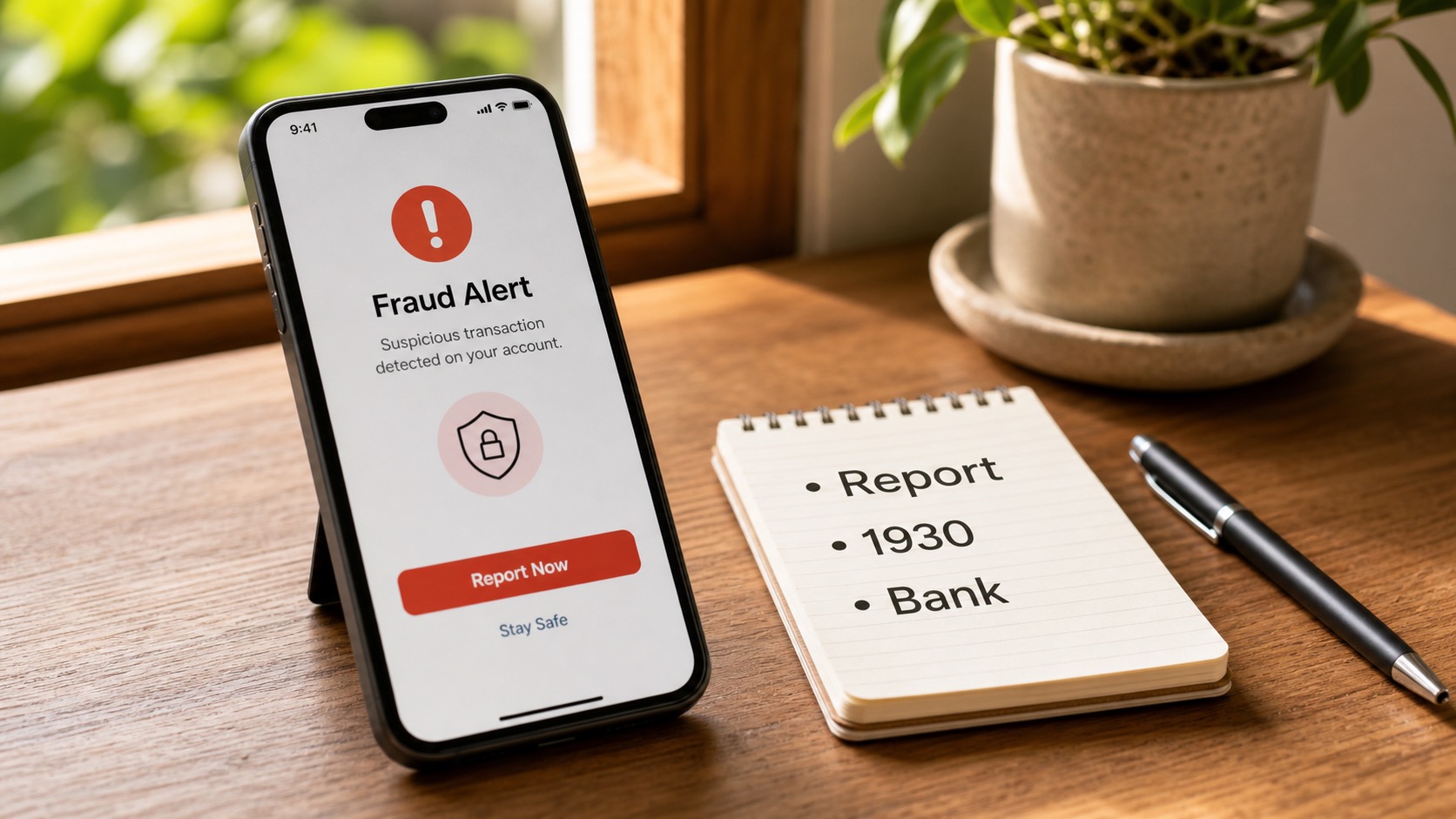 Smartphone fraud alert beside a notebook listing report, 1930 and bank complaint steps.