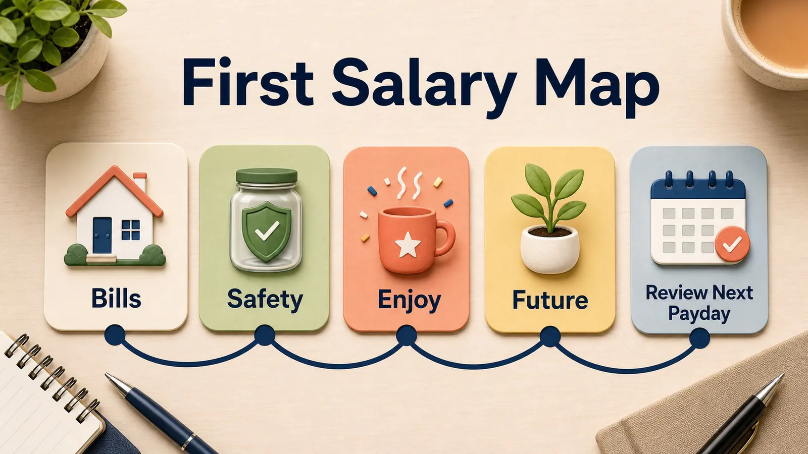 Infographic showing first salary split into bills, safety, enjoyment, future goals and next payday review.