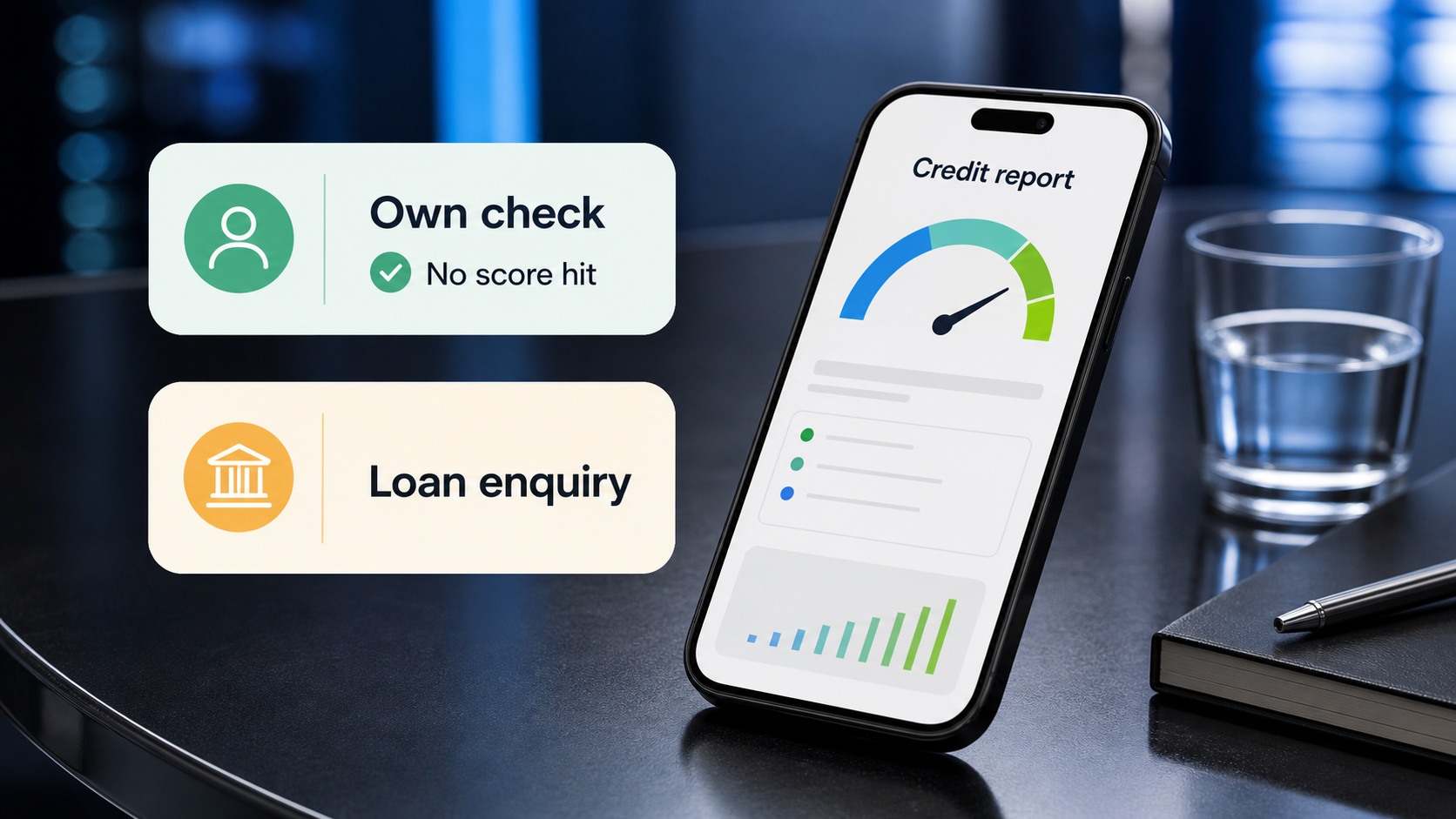 Phone and credit report visual showing own score check versus lender enquiry with no score-hit message.