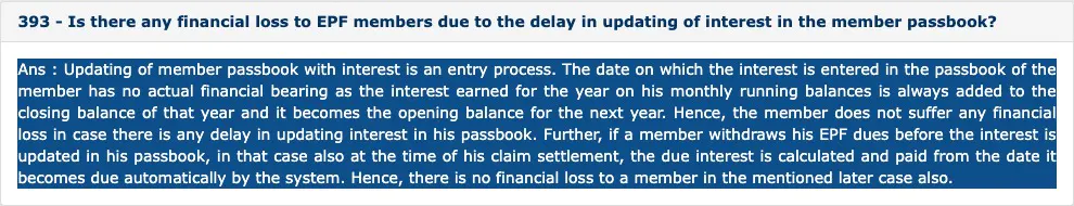 EPFO FAQ explaining that delayed interest entry in the member passbook does not cause financial loss.