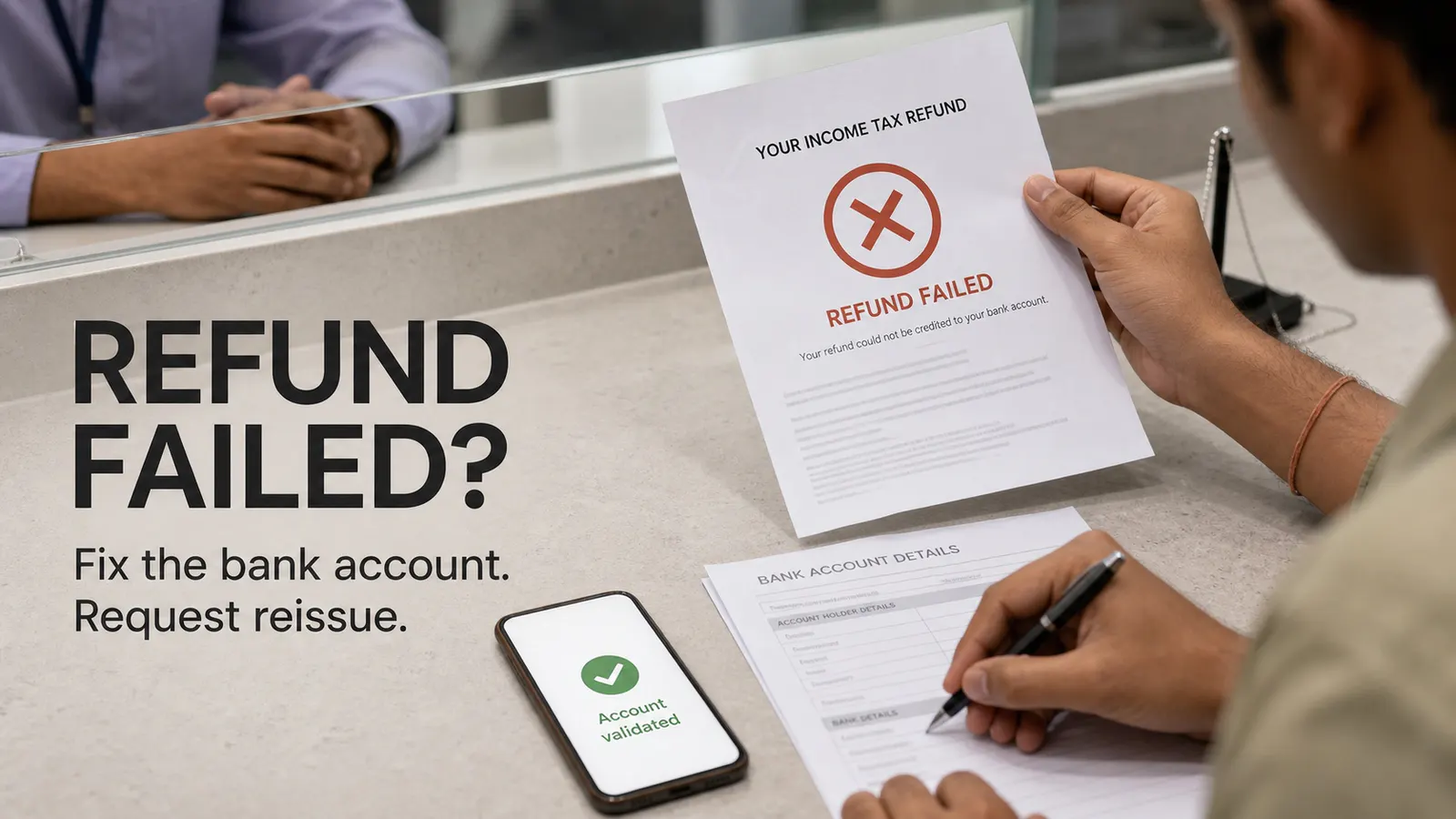 Bank account validation warning beside an income tax refund notice and updated account details.