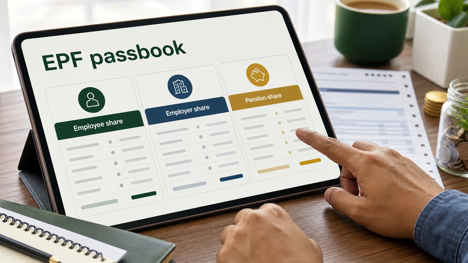 Editorial image of an EPF passbook style dashboard showing employee share, employer share and pension share columns.