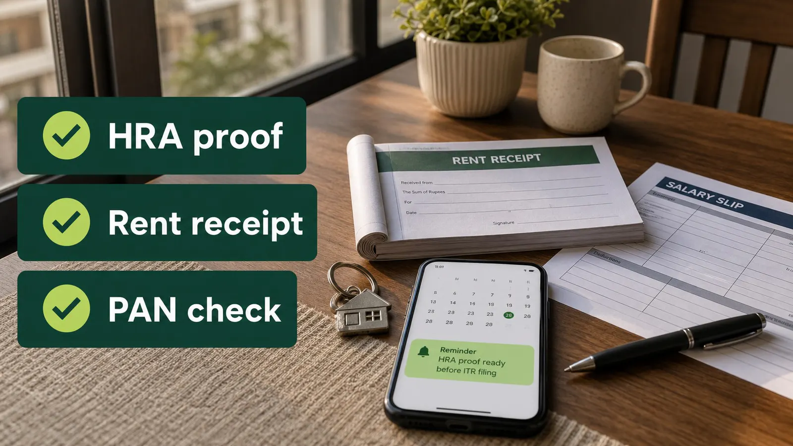 Rent receipt, house key and phone reminder arranged for an HRA proof check before ITR filing.