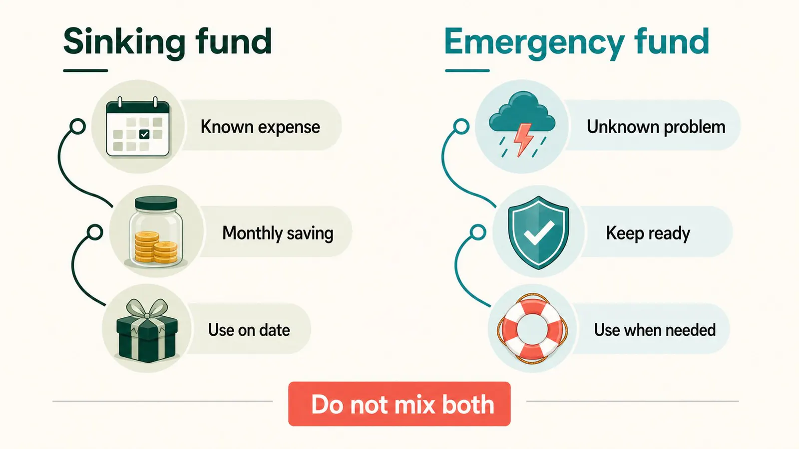 Comparison map showing sinking fund for known expenses and emergency fund for unknown problems.